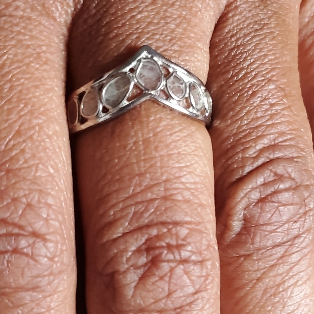 Platinum Plated Sterling Silver Polki Diamond Wishbone Ring - Picture 2 of 6